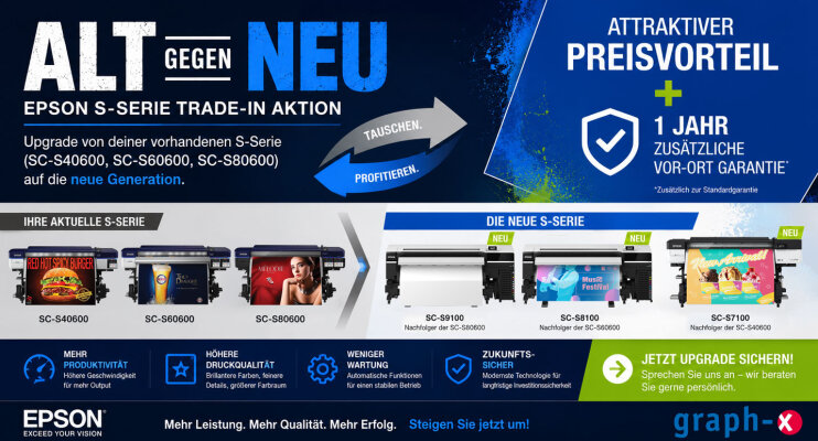 Epson Trade-In Aktion: Jetzt auf die neue Epson SureColor S-Serie upgraden - Epson Trade-In Aktion | SC-S40600, S60600 &amp; S80600 gegen neue S7100, S8100 oder S9100 tauschen
